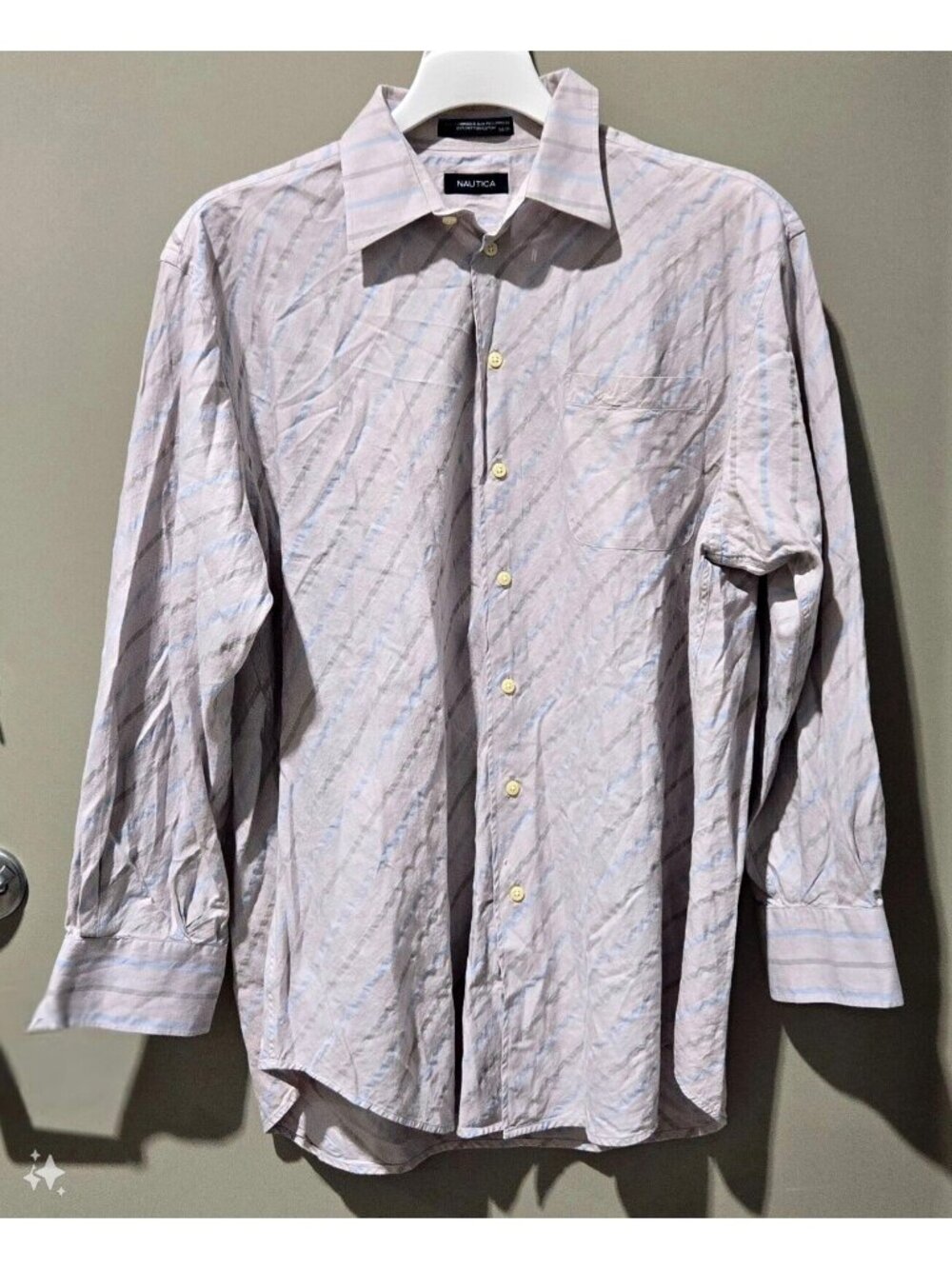 Nautica Gray & Blue Stripe Long Sleeve 34/35 Casual Dress Shirt -- Men's 17 XL